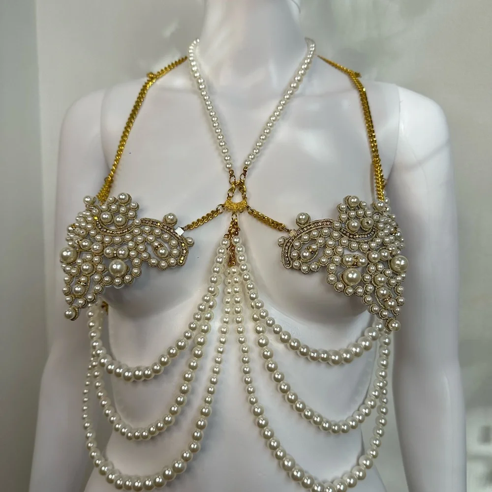 Mermaid Pearl Rhinestone & Gold Chain Jewelry Top fits B-D cup Handmade Unique - Picture 9 of 15